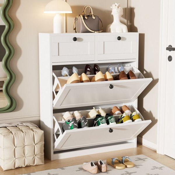 VOWNER Schuhschrank mit 2 Klappen, Einstellbarer Schmal Schuhregal, 80 x 24 x 100 cm (1-St) 2 Flip-Schubladen mit anpassbaren Regalen