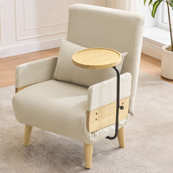 Sessel Leinen 3-in-1 mit drehbarem Tablett,88x66x74.5 cm,Relaxsessel mit 6-stufiger Rückenlehne & Massivholz
