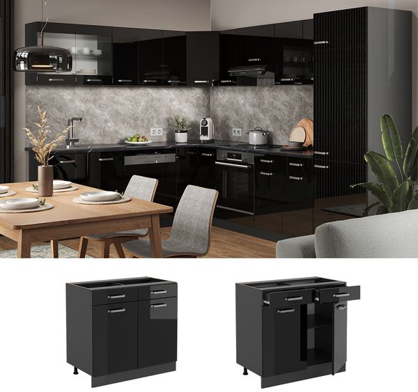 Küchenunterschrank R-Line Schwarz Hochglanz 80 cm , AP Eiche Vicco Bild 2