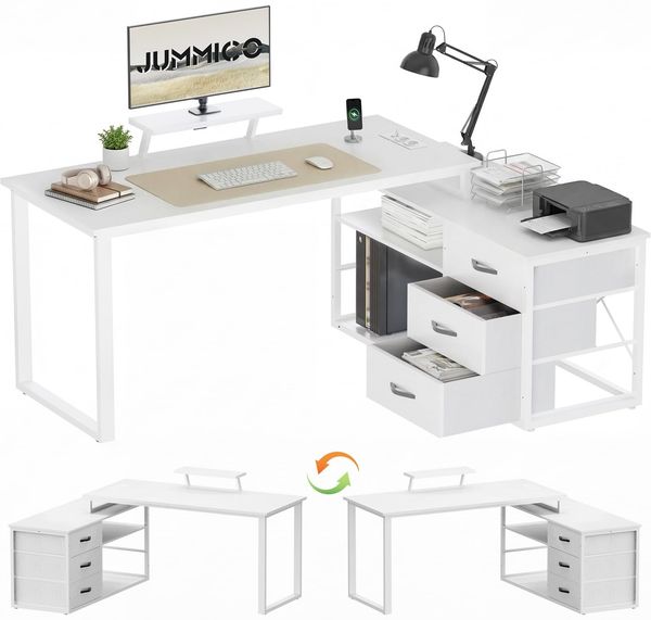 JUMMICO Schreibtisch mit Schubladen, 140x100 cm Eckschreibtisch, L Form umkehrbarer Schreibtisch, mit 3 Schubladen und Stauraum, mit Steckdose und USB-Ladeanschluss, ideal für das Homeoffice,Weiß
