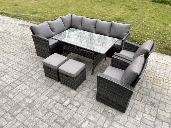 Fimous 10 Sitzer Outdoor Rattan Gartenmöbel-Set mit Rechteckiger Esstisch 2 Kleiner Hocker 2 Sesseln Dunkelgrau gemischt