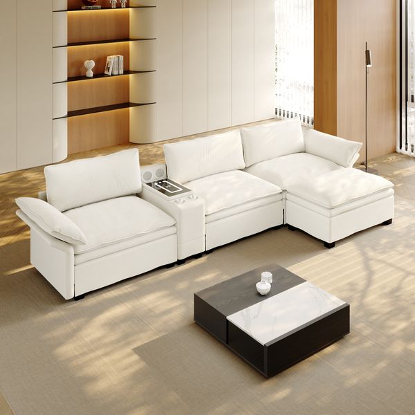 Modulares Sofa aus Chenille 315x70x85 cm mit Ottomane, beige