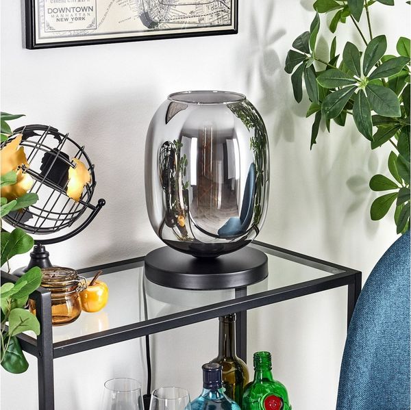 hofstein Tischleuchte Tischlampe aus Metall/Glas in Schwarz/Rauchfarben, ohne Leuchtmittel, mit Glasschrim(20cm), Schalter am Kabel, 1 x E27, ohne Leuchtmittel