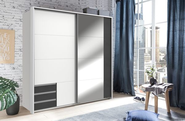 Kleiderschrank Emden in Weiß mit Graphit- Schwebetürenschrank in verschiedenen Varianten wählbar - Passepartoutrahmen für Schrankbreite 135cm