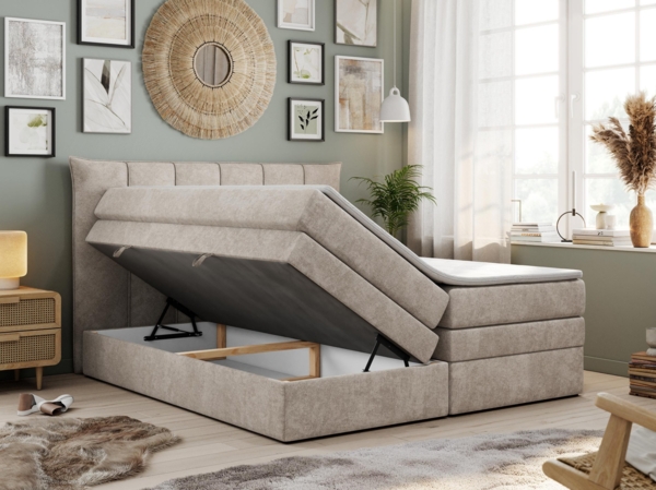 Boxspringbett 7-Zonen Taschenfederkernmatratze und Topper - PREMIUM-10-KING - 120x200cm - Beige Stoff - H4 Bild 2