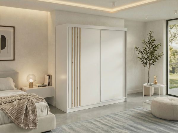Schwebetürenschrank NAURU mit Lamellen-Optik, moderner Kleiderschrank, Breite 200 cm, inkl. Innenausstattung & Stauraum, Akustikpaneel-Design - Weiß und Aristan-Eiche - mit Schubladen