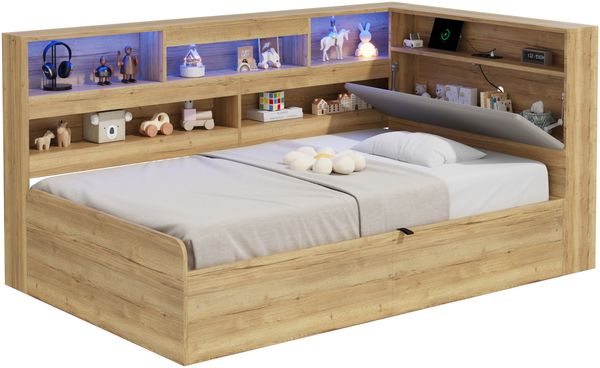 Daybett, Hydraulisches Stauraumbett, Kinderbett 90x200cm, holzbett, Jugendbett, mit USB-Ladestation und LED-Beleuchtung, Naturfarbe Bild 9