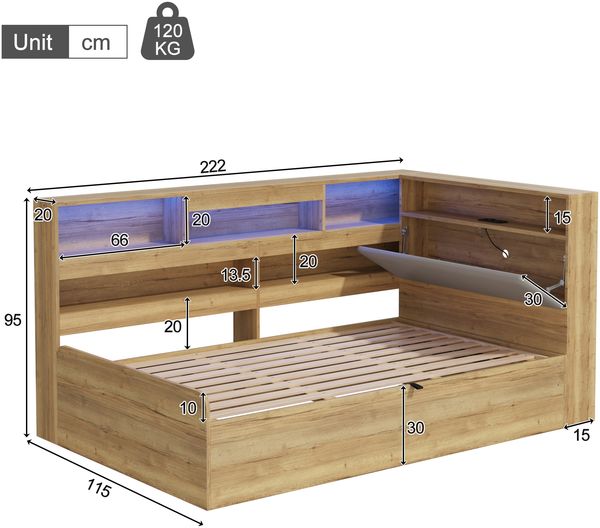 Daybett, Hydraulisches Stauraumbett, Kinderbett 90x200cm, holzbett, Jugendbett, mit USB-Ladestation und LED-Beleuchtung, Naturfarbe Bild 8