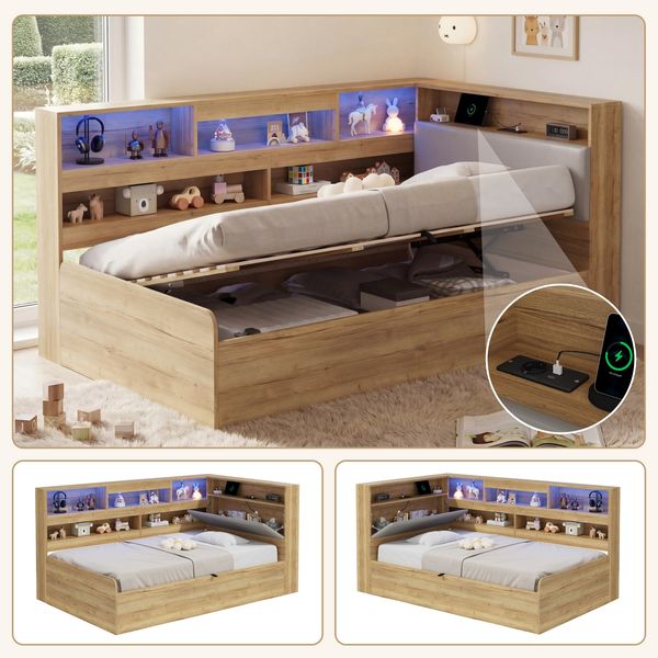 Daybett, Hydraulisches Stauraumbett, Kinderbett 90x200cm, holzbett, Jugendbett, mit USB-Ladestation und LED-Beleuchtung, Naturfarbe
