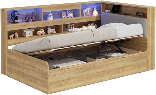 Daybett, Hydraulisches Stauraumbett, Kinderbett 90x200cm, holzbett, Jugendbett, mit USB-Ladestation und LED-Beleuchtung, Naturfarbe Bild 10