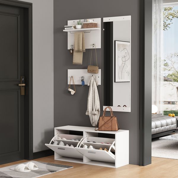 Garderobenset mit Schuhschrank, Spiegel & 6 Haken, 90x30x41,5 cm, weiß