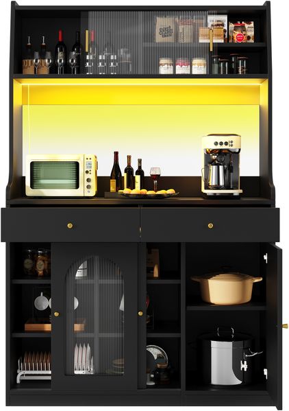 MODFU Hochschrank Küchenschrank,Vitrinenschrank,Buffetschrank (Hochwertiger Küchenschrank mit LED-Beleuchtung, Verstellbaren Ablagen & Kippschutz – Vitrinenschrank für Küche und Wohnzimmer mit 2 Schubladen & App-gesteuertem Licht, 1-St)