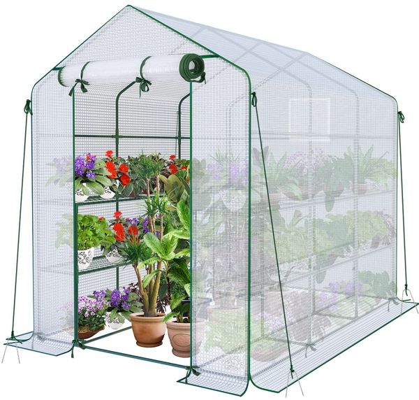 VOUNOT® Gewächshaus Foliengewächshaus, begehbares Gartenhäuschen mit 12 Regalebenen, Tomatenhaus Tomatengewächshaus, Weiß 143 x 215 x 195 cm