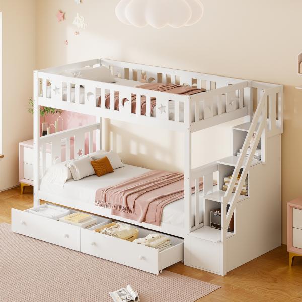 Merax Etagenbett Massivholz Kinderbett 90x200cm mit 2 Schubladen und Stauraumtreppe, weiß