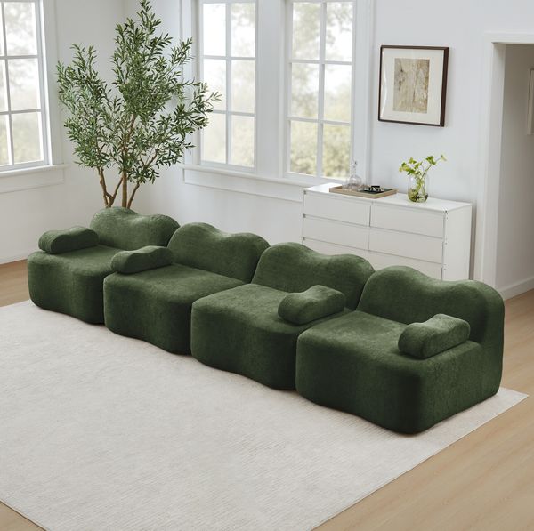 Wohnzimmersofa modular in Grün 70cm×384cm×98cm – rahmenloses 4-Sitzer Sofa mit Samtbezug und tiefer Sitzfläche