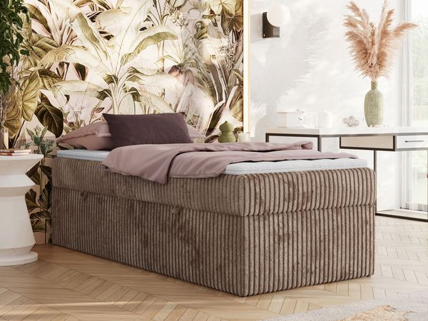 Boxspringbett 90x200 Polsterbett ZERO 90 Einzelbett ohne Kopfteil, inkl. Stauraum & Multipocket-Matratze, Hotelbett - Braun Cordstoff - H3 - Topper Visco