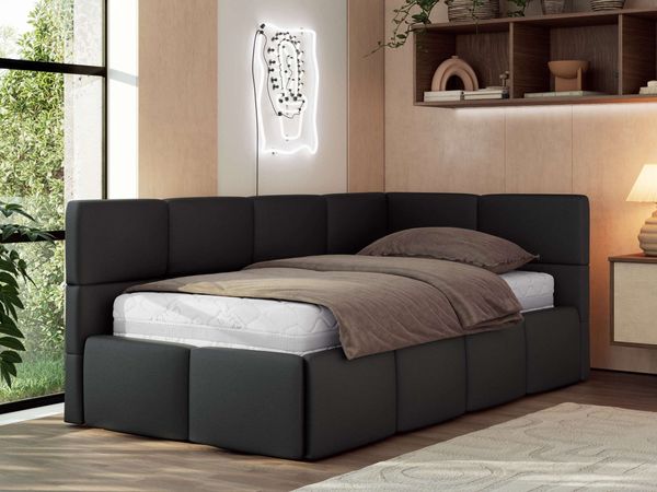 Jugendbett 90x200 ARVO Polsterbett mit Bettkasten, Stauraum & Gasdruckfeder, Modernes Design mit Kopfteil, Pocket Matratze - Schwarz Kunstleder - VIRE LUX - Rechts Seite