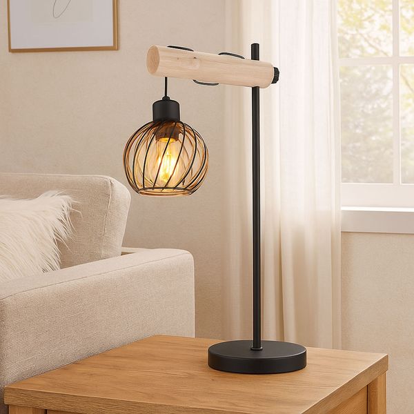 LED Tischleuchte, Holz, Glasschirm, schwarz amber, H 55 cm