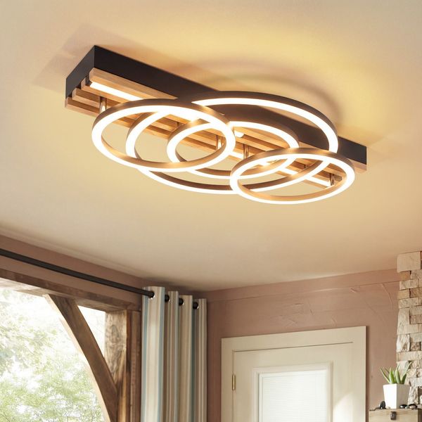 ZMH LED Deckenleuchte Dimmbar Holz Deckenlampe: 2/3-Ringen WohnzimmerlampeLED fest integriert, 3000-6500K, Schwarz Deckenbeleuchtung mit Fernbedienung Design