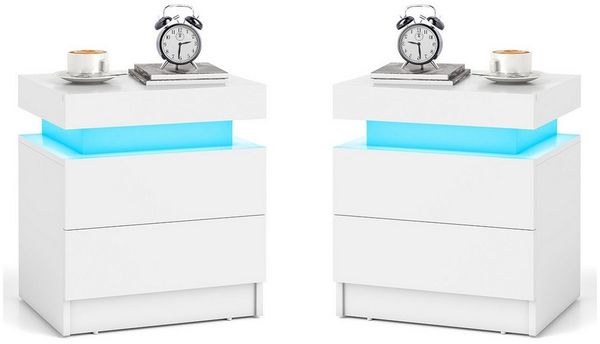 COSTWAY Nachttisch (2-St), LED, mit 2 Schubladen&Fernbedienung, weiß