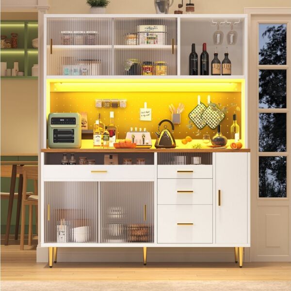 Flieks Küchenbuffet mit LED-Beleuchtung, Lochwandregalen, Glasschiebetür und Gläserhalter (145x39x171 cm, 1-St, Arbeitsplatte in Holzoptik) Hochschrank Küchenschrank Geschirrschrank mit verstellbarer Ablagen