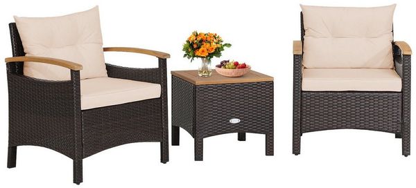 COSTWAY Balkonset, Rattan, 3tlg. 2 Sessel & Tisch, mit Sitz- & Rückenkissen