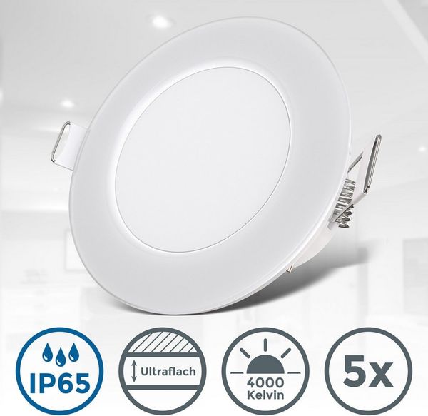 B.K.Licht - 5er Set LED Bad Einbaustrahler 230V flach, IP65, neutralweiße Lichtfarbe, Lochmass 68mm, LED Spot, Deckenspots, Spots, Einbauleuchten, Einbauspots, Badezimmer, 86x30 mm, Weiß