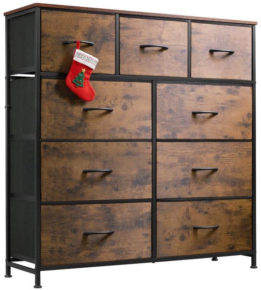 WLIVE Kommode mit 9 Stoffschubladen, Schubladenkommode 100 × 30 × 102 cm (Packung, Stauraumkommode für Schlafzimmer Wohnzimmer Flur), Stahlrahmen & MDF-Holzplatte, Vintagebraun-Schwarz