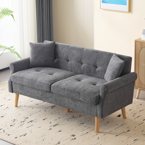 Sofa aus Chenille 2-Sitzer mit Massivholzfüßen, ergonomischem Design & 15 cm dickem Sitzkissen,Grau