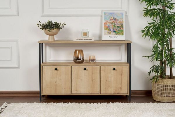 Stylish Wall-Mounted Console Table, Oak & Black, 120 x 75 x 30 cm | 100% Melamine Coated, Metal Profile, Multipurpose Shelves | Perfect for Storage & Display