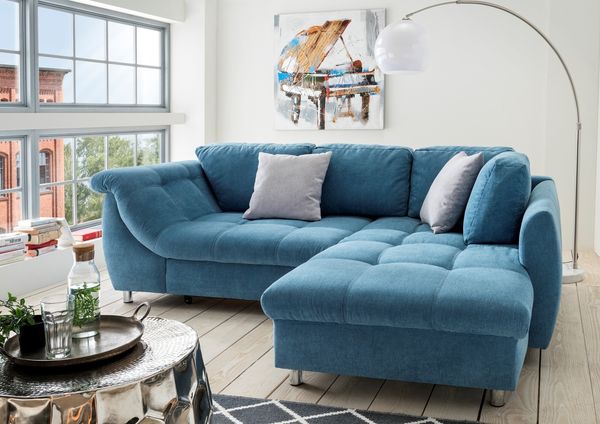 Polsterecke >Allin< Schlaffunktion, 6 Kissen, Bezug denim / silber - 250x66x190 (BxHxT)