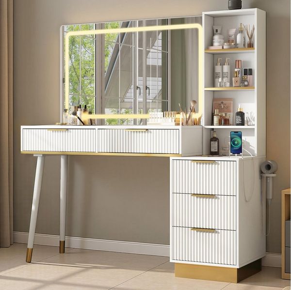 AMERLIFE Schminktisch Schminktisch 122cm Weiß-Gold mit LED-Spiegel und Glasplatte, Integrierte Ladestation, viel Stauraum & modernes Design