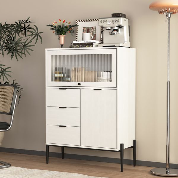 Elegantes Sideboard aus Spanplatten mit 3 Schubladen und 1 Glastür in Weiß,85 x 40 x 120 cm