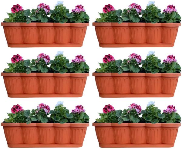 6er Set 60cm Blumenkasten Balkonkasten Pflanzkasten Terracotta im Wellendesign inkl. passenden Bewässerungsuntersetzer