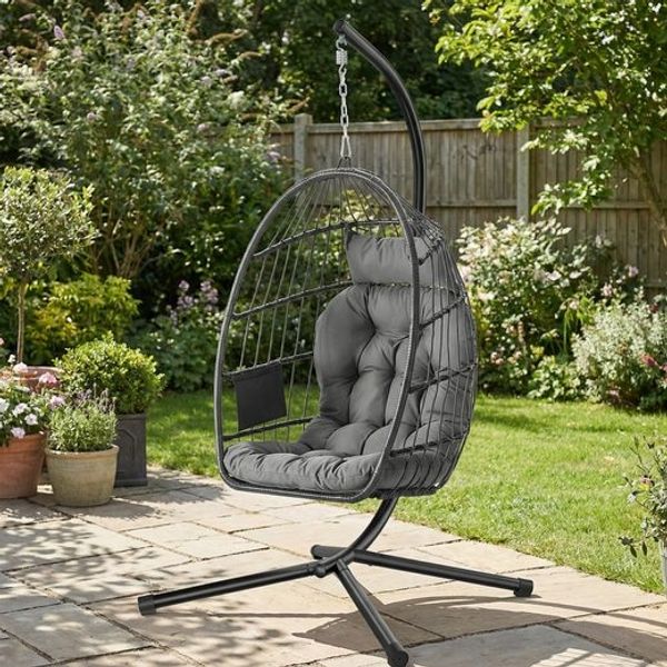 SONGMICS Schaukelstuhl mit Gestell, klappbarer Korbsessel höhenverstellbar, Hängeschaukel für Garten Balkon, Kissen, grau