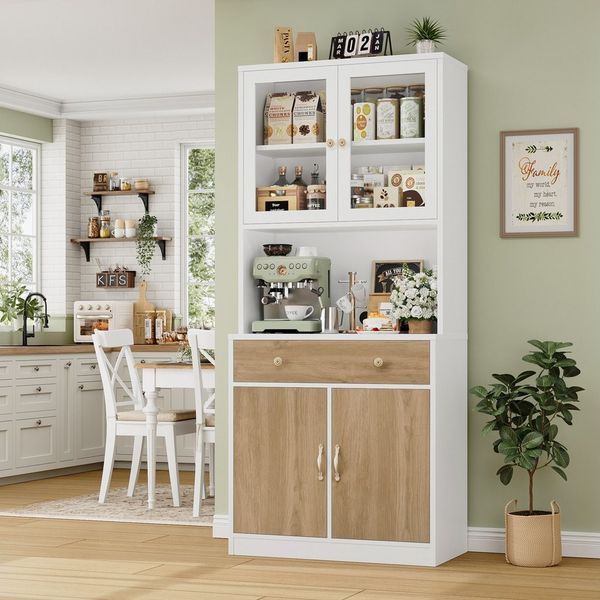 HOMECHO Küchenbuffet 180cm Küchenschrank Weiß mit Arbeitsplatte, 4 Türen, 2 Schubladen