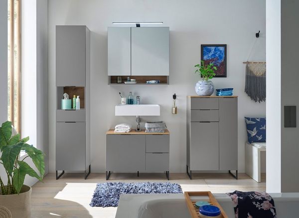 Stella Trading DENVER Badezimmer Waschbeckenunterschrank in Grau / Evoke Eiche Optik FSC-zertifiziert - Bad Unterschrank Badezimmerschrank mit viel Stauraum - 80 x 60 x 35 cm (B/H/T)