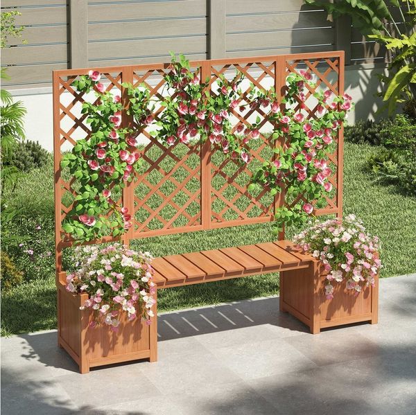 BlingBin Blumenkasten Blumentopf mit Spalier als Rankhilfe, Rankhilfe für Kletterpflanzen (Pflanzkübel aus massivem Tannenholz, 1 St, Pflanzkasten mit Spalier und Sitzbank), Blumentopf für Garten, Terrasse und Balkon, wetterfest