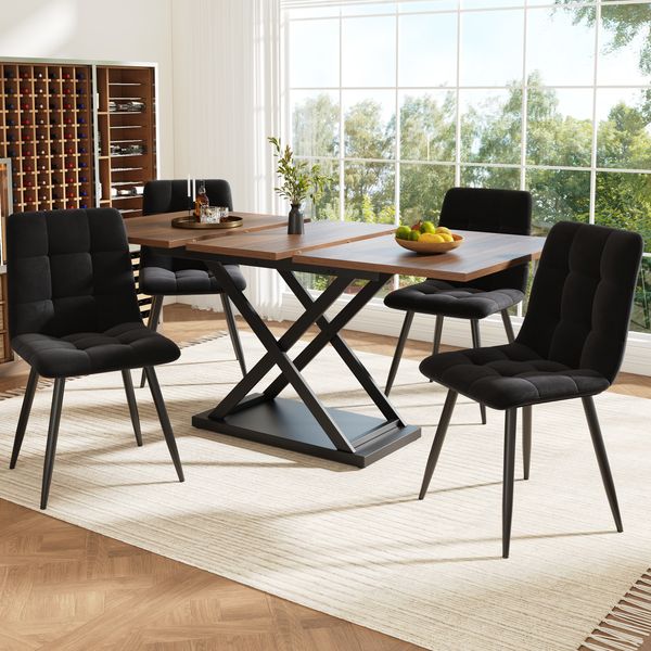 Essgruppe 5-tlg. mit ausziehbarem Esstisch & 4 Samtstühlen, 120-160x80x75 cm, Nussbaum/Schwarz