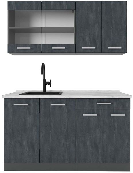 Singleküche R-Line Schwarz Beton/Anthrazit 140 cm AP Marmor Vicco