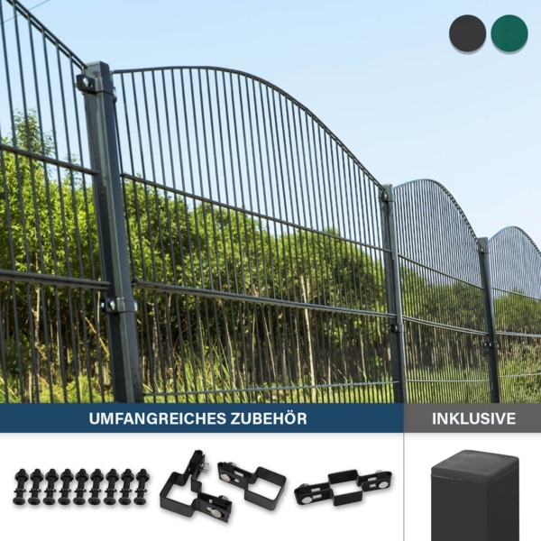 HOME DELUXE Doppelstabmattenzaun Schmuckzaun Berg inkl. Eckpfosten Anthrazit/Grün MORATA - 200 cm x 10m 4x Eckpfosten