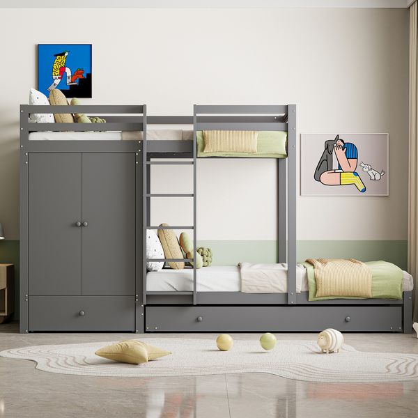 3in1 Etagenbett Grau Mit Ausziehbett Kleiderschrank Schubladen Massivkiefer 120kg Tragkraft Platzsparend Kinderzimmer Gästezimmer Stauraum, 90x200cm