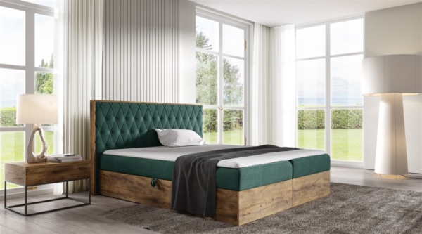 Boxspringbett Bett BROMIA 180x200 cm Lancelot Eiche Stoff Grün inkl. Bettkasten
