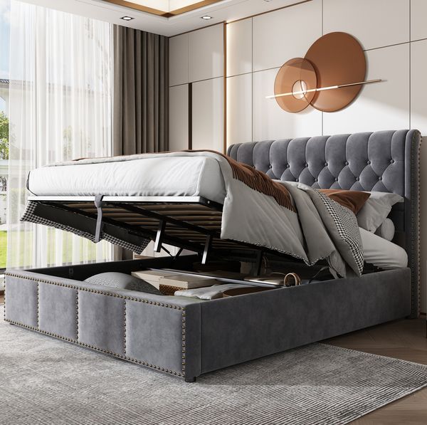 Polsterbett 140x200 cm aus Samt mit Stauraum und Polsterbank – eleganter Minimalstil