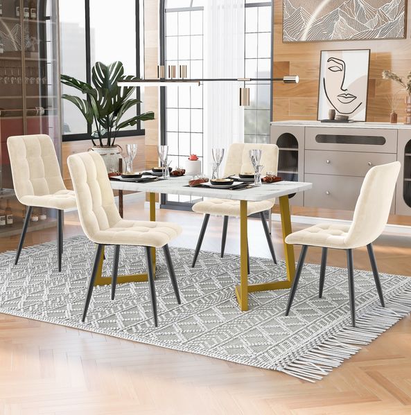 Esstisch-Set H 75 x T 117 x B 68 cm im Marmor-Look aus MDF mit goldfarbenem Gestell und 4 Samtstühlen in Beige