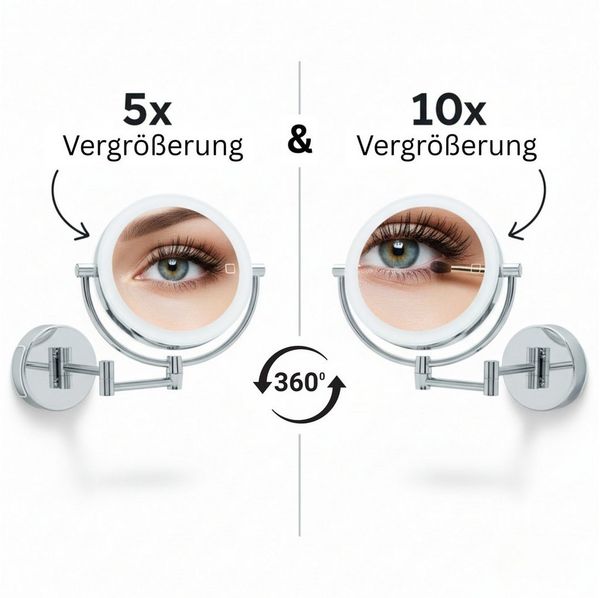 Libaro Kosmetikspiegel mit Beleuchtung MODENA LED Schminkspiegel 5-fach 10-fach Vergrößerung, Wandmontage, Vergrößerungsspiegel 2-seitig, dimmbar, Batterie oder USB
