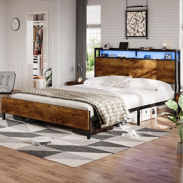 MSMASK Bett mit LED Beleuchtung, Steckdose & USB-Ladefunktion sowie Stauraum (Ohne Matratze), 160x200 cm Doppelbett in Braun mit Holzkopfteil