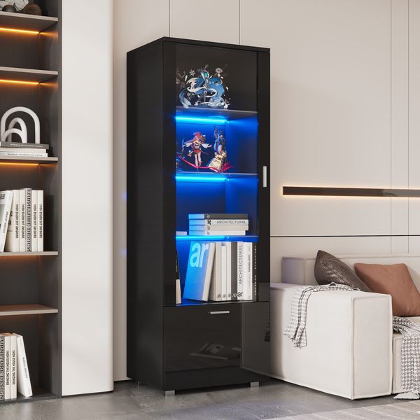 LED Vitrine 40x50x160 cm Schwarz Hochglanz mit Acryl-Glastüren und Glasböden, Aufbewahrungsschrank mit LED-Beleuchtung 20 Farben