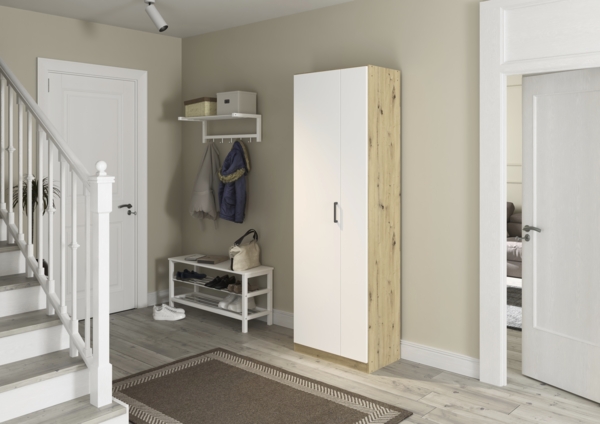 rauch Allrounder, Garderobenschrank, Mehrzweckschrank, 2-türig, mit 4 Einlegeböden, Farbe Weiß/Eiche Artisan, BxHxT 69x210x41cm