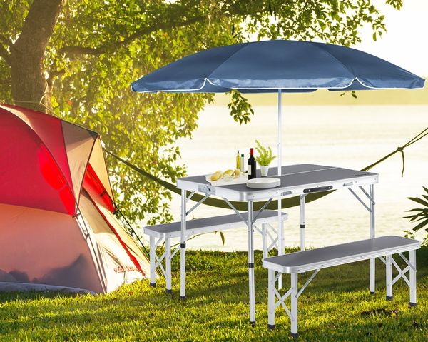 CASARIA® Campingtisch Klappbar mit Bänken Höhenverstellbar 90x60cm Klapptisch Faltbar Grau